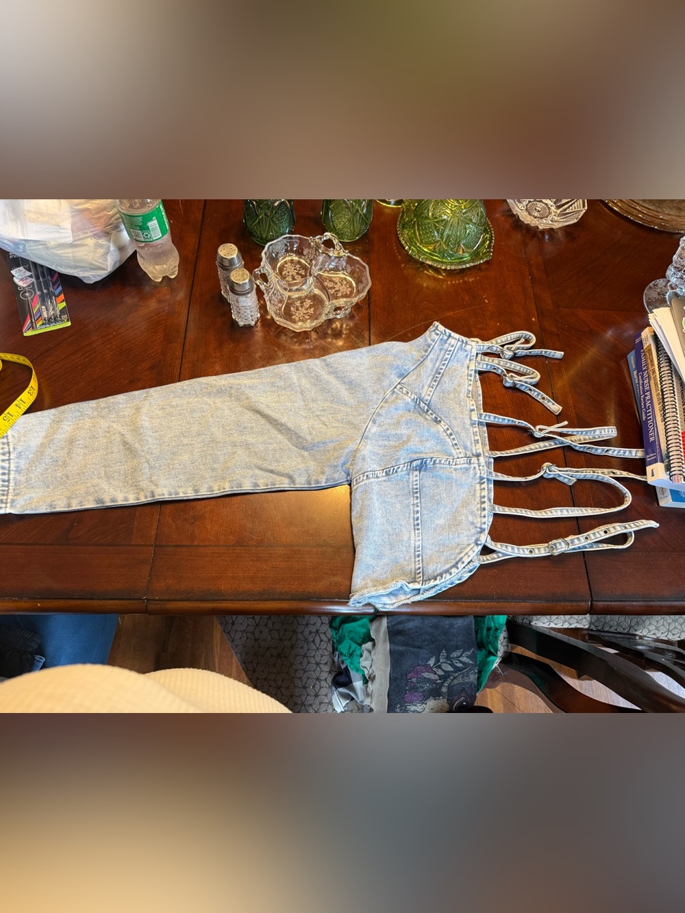 Y2K one sleeve denim top with straps